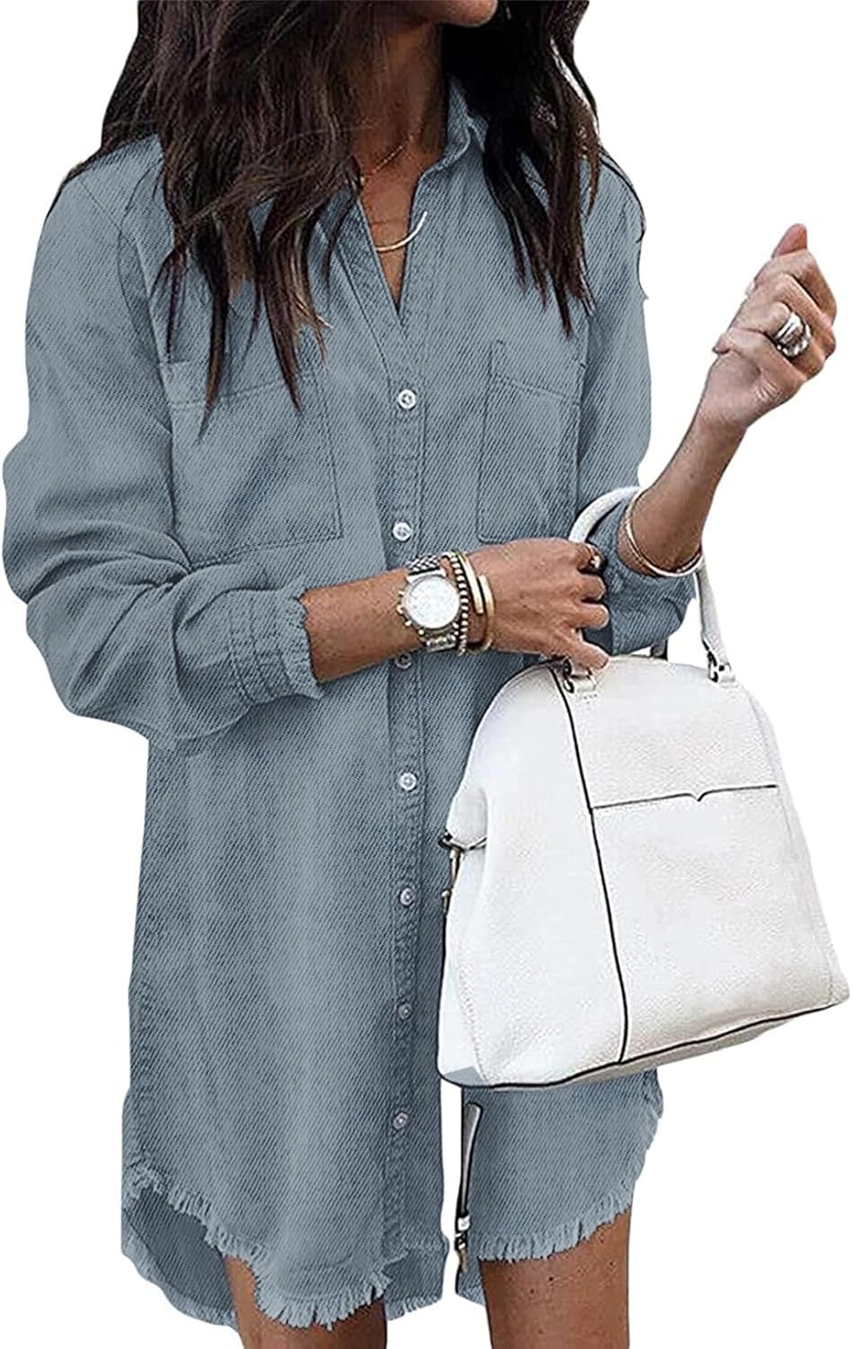 Zilcremo Women Denim Shirt Dresses Long Sleeve Distressed Jean Dress Button Down Casual Tunic Top