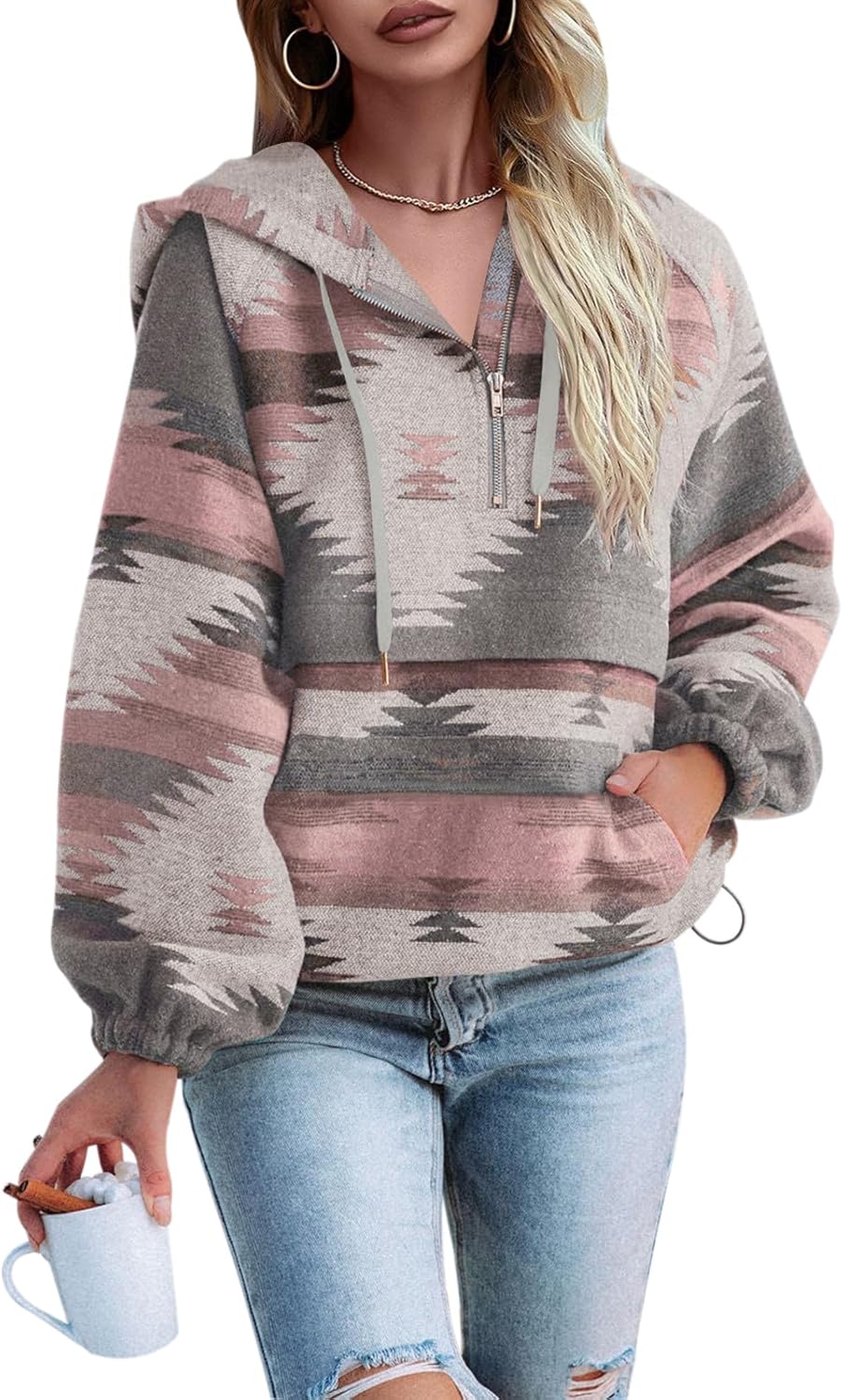 Fessceruna Womens Aztec Half Zip Up Hoodies Sweatshirt Casual Long Sleeve Oversized Ethnic Tribal Hooded Pullover Shirt Top