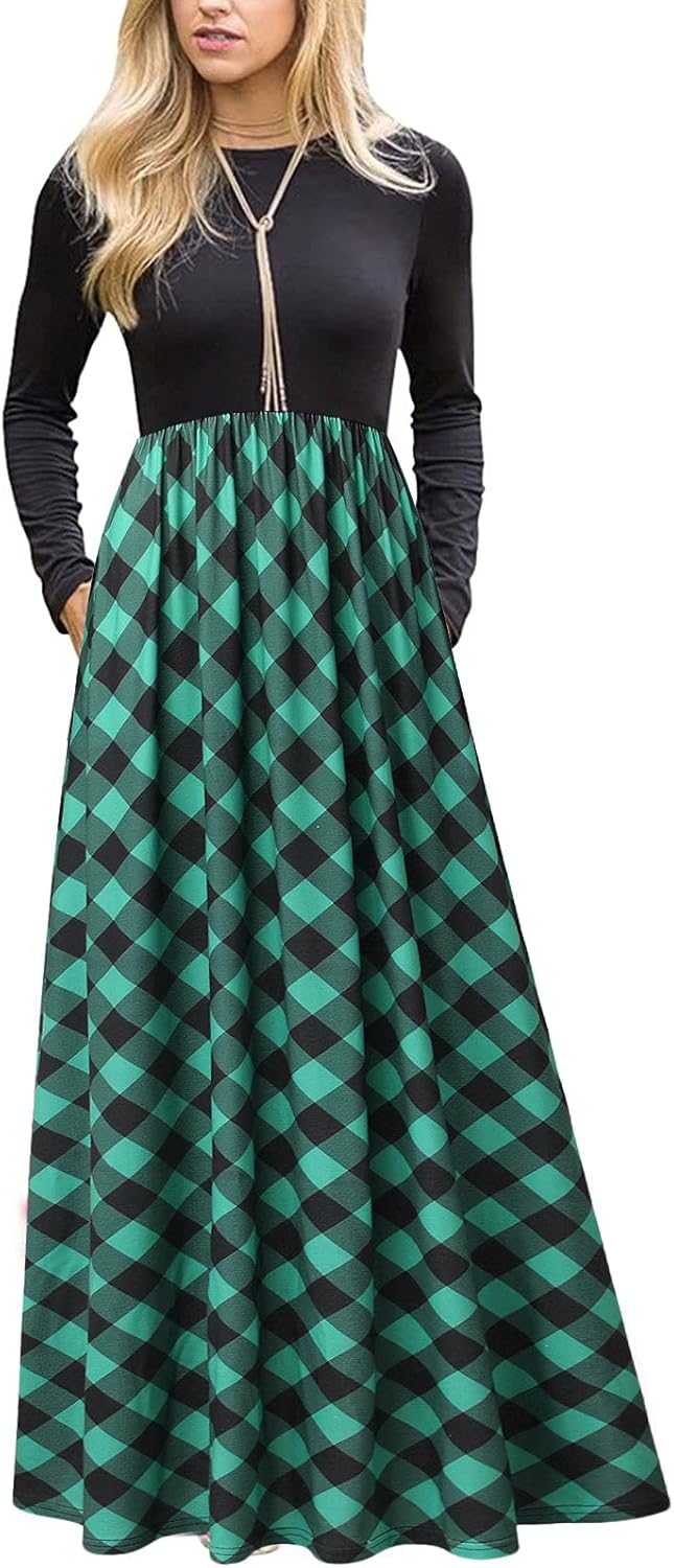 MEROKEETY Women's Long Sleeve Plaid Empire Waist Full Length Maxi Dress with Pockets