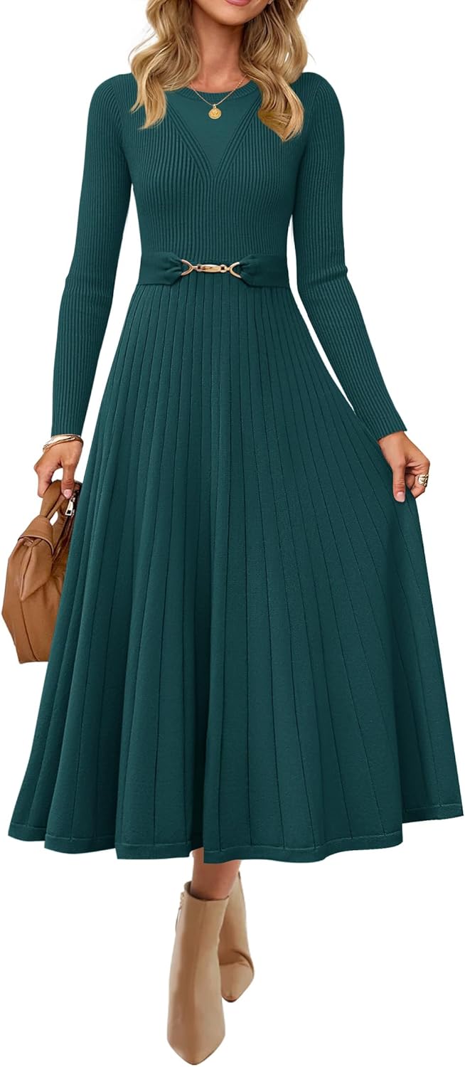 ZESICA Women's Long Sleeve Midi Sweater Dress 2025 Fall Crewneck Knit A Line Pleated Flowy Long Dresses with Belt