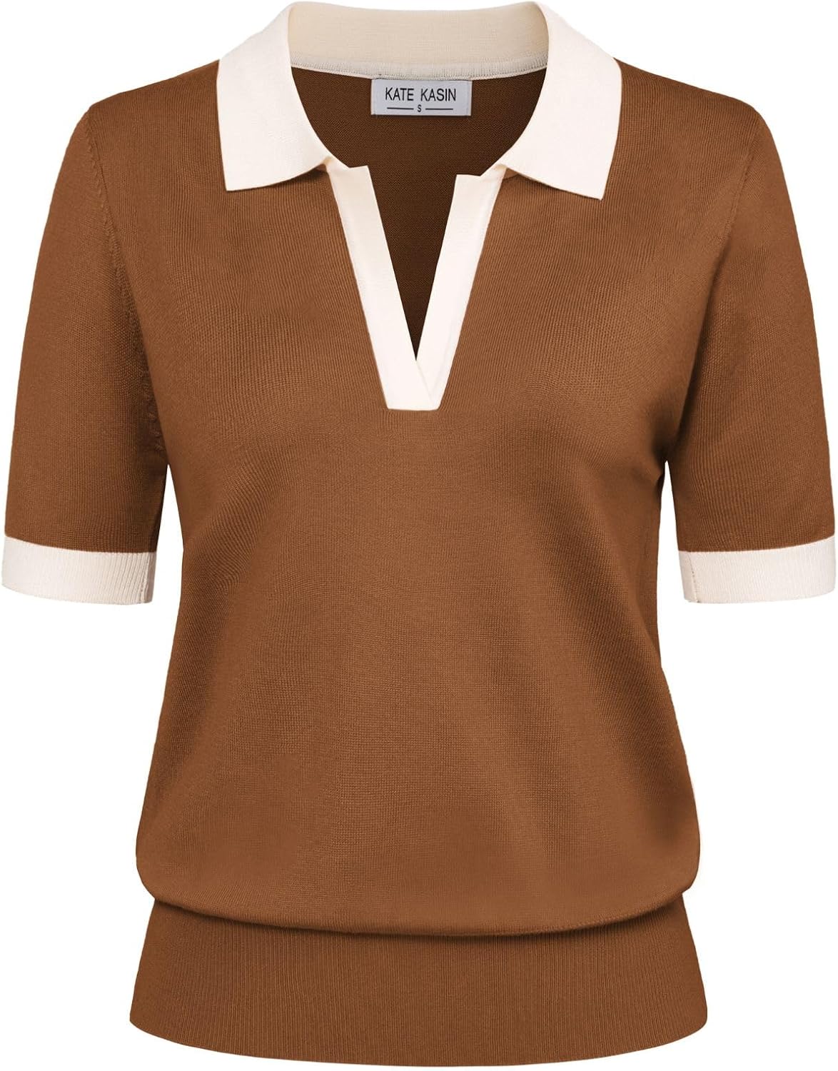 Kate Kasin Women Short Sleeve Polo Sweater V Neck Knitted Tops Casual Ribbed Shirt Loose Pullover Sweater