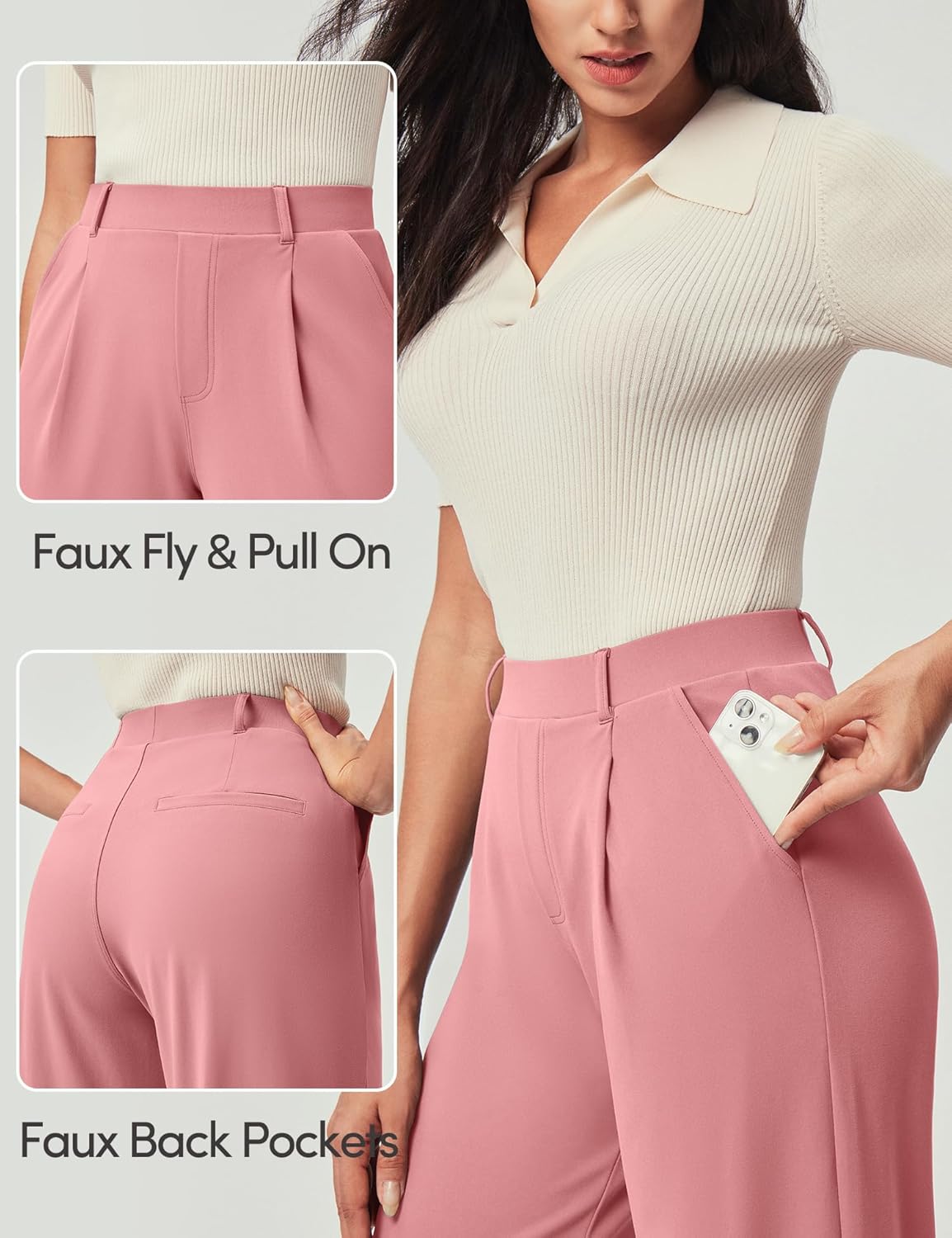 IUGA Womens Dress Pants Wide Leg Pull On Stretchy Work Pants Women High Waisted Business Casual Trousers with Pockets