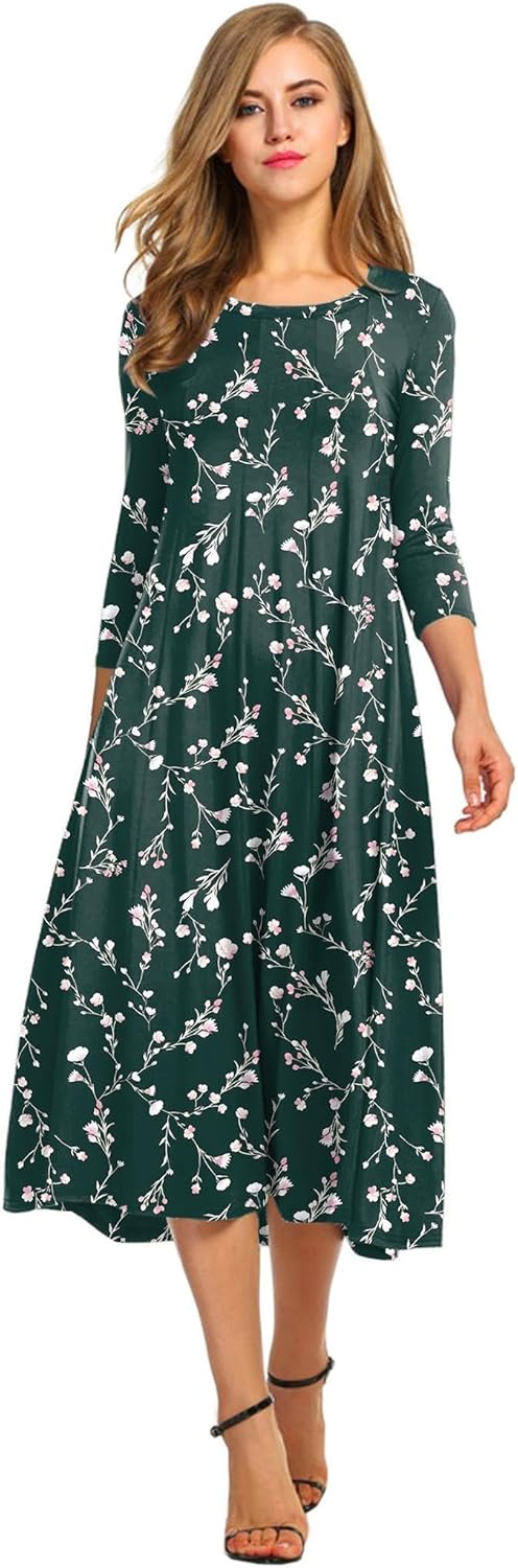 HOTOUCH Women's 3/4 Sleeve A-line and Flare Midi Long Dress