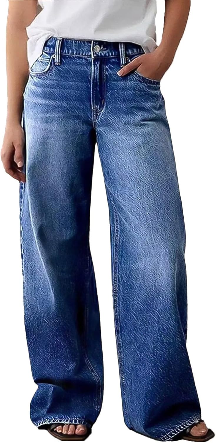 Flamingals Wide Leg Jeans for Women Mid Waist Baggy Stitch Decor Denim Washed Pants Without Belt