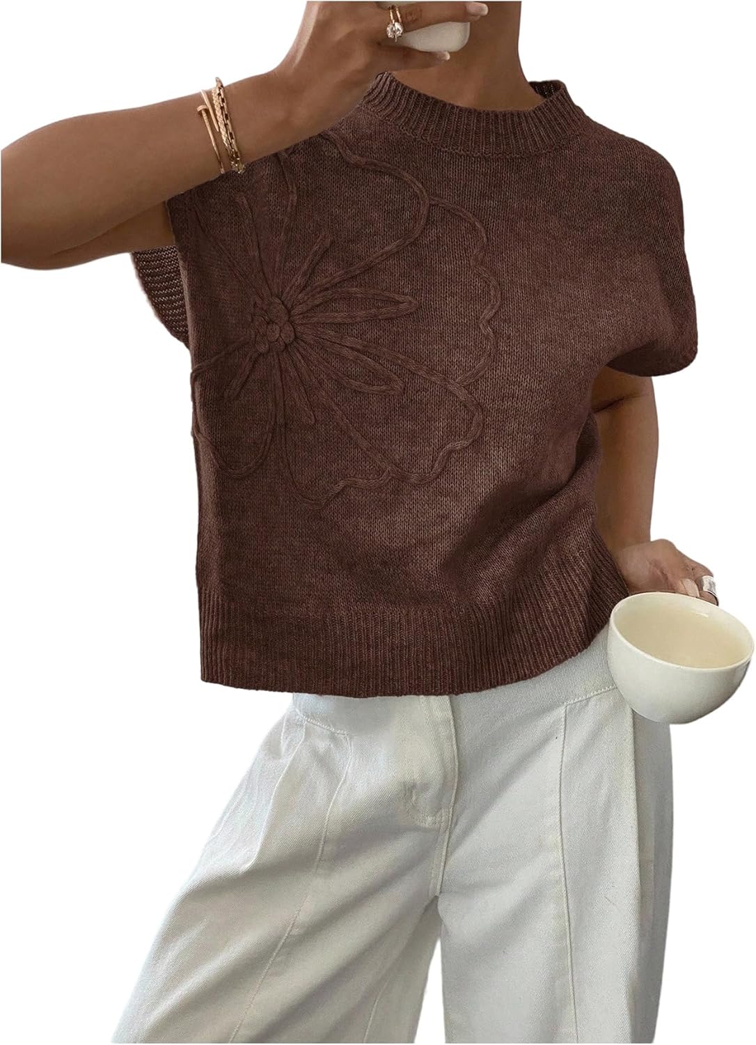 SOLY HUX Women's Ribbed Sweater Crew Neck Short Sleeve Loose Fit Floral Knit Pullover Tops