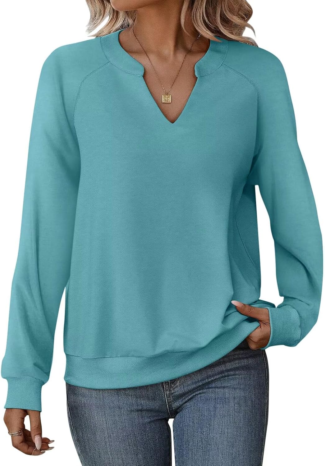 EADINVE Women Casual Long Sleeve V Neck Sweatshirts Cute Loose Fit Lightweight Pullover Tops