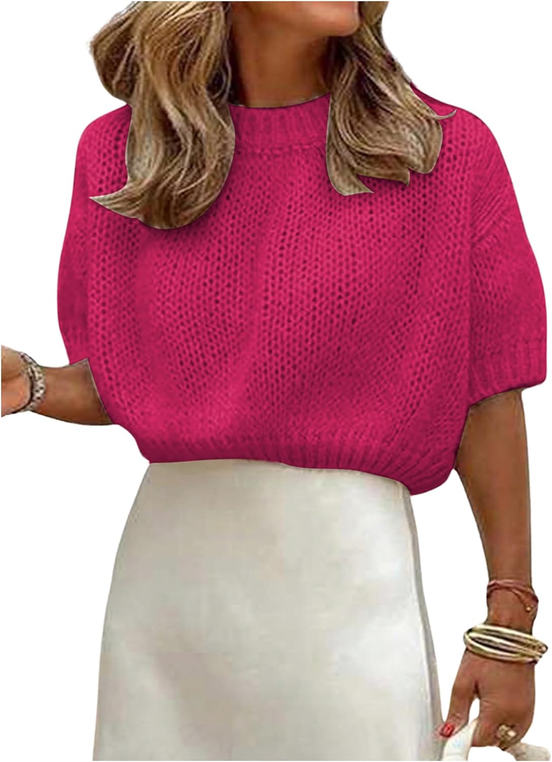 GORGLITTER Women's Puff Sleeve Crewneck Knit Shirt Top Short Sleeve Solid Loose Sweater