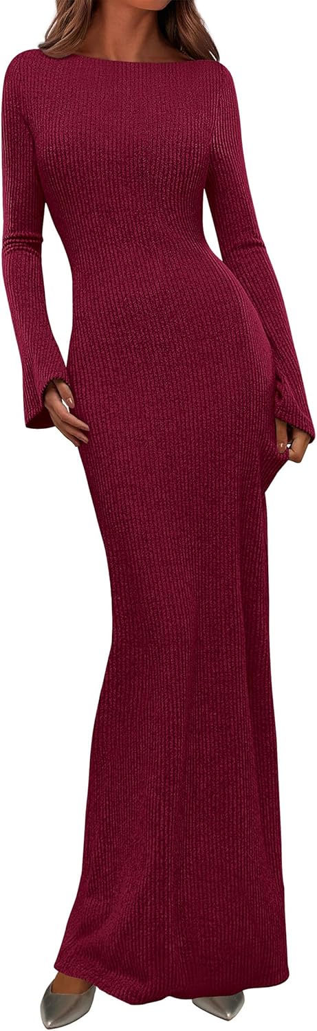 PRETTYGARDEN Women's Fall Fashion 2025 Long Sleeve Maxi Dress Ribbed Knit Boat Neck Bodycon Casual Dresses Going Out Outfits