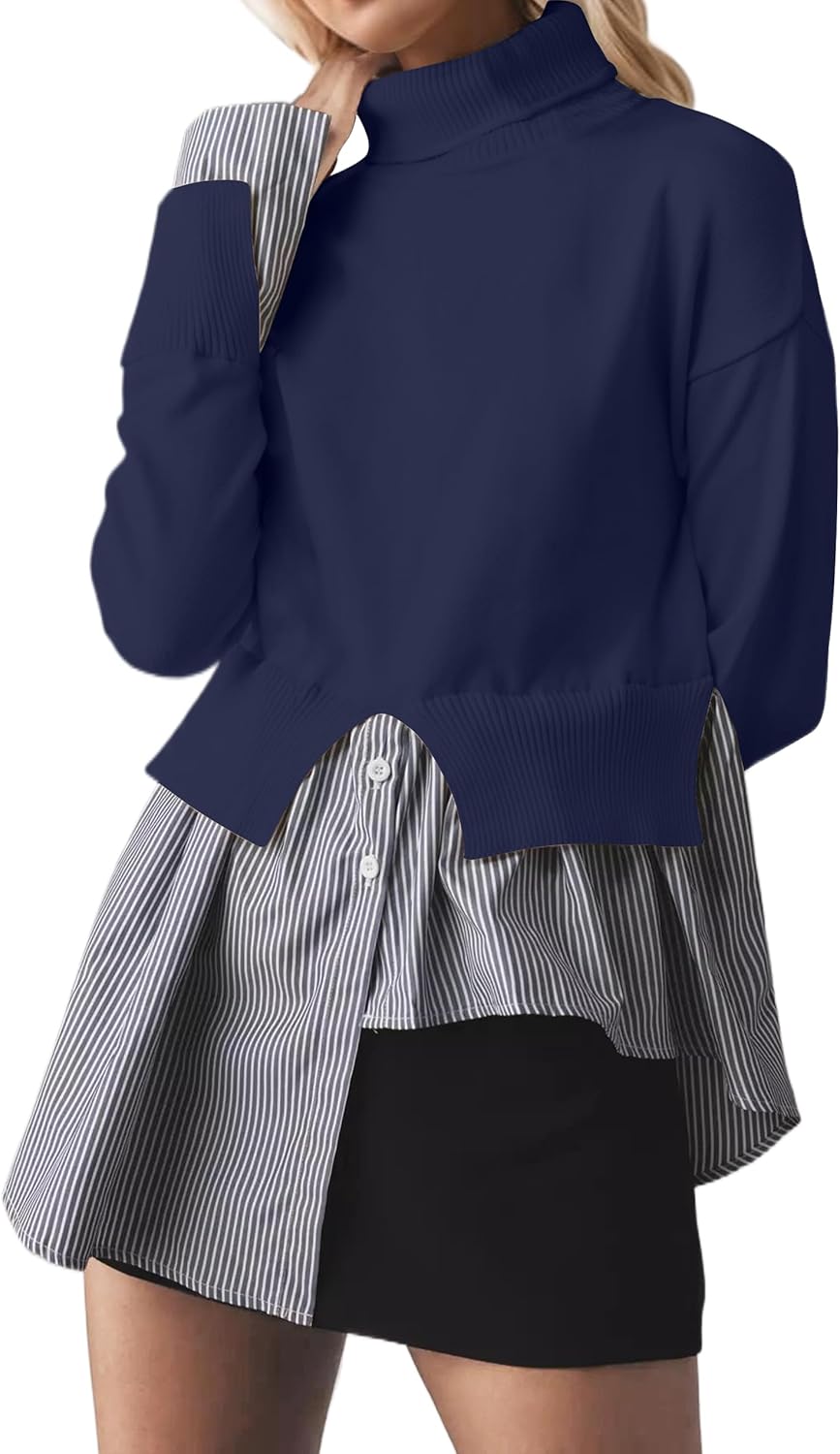 MISSACTIVER Women Slit Turtleneck Patchwork Sweater 2 in 1 Buttons Down Pullover Knit Sweater Asymmetrical Hem Shirt Top