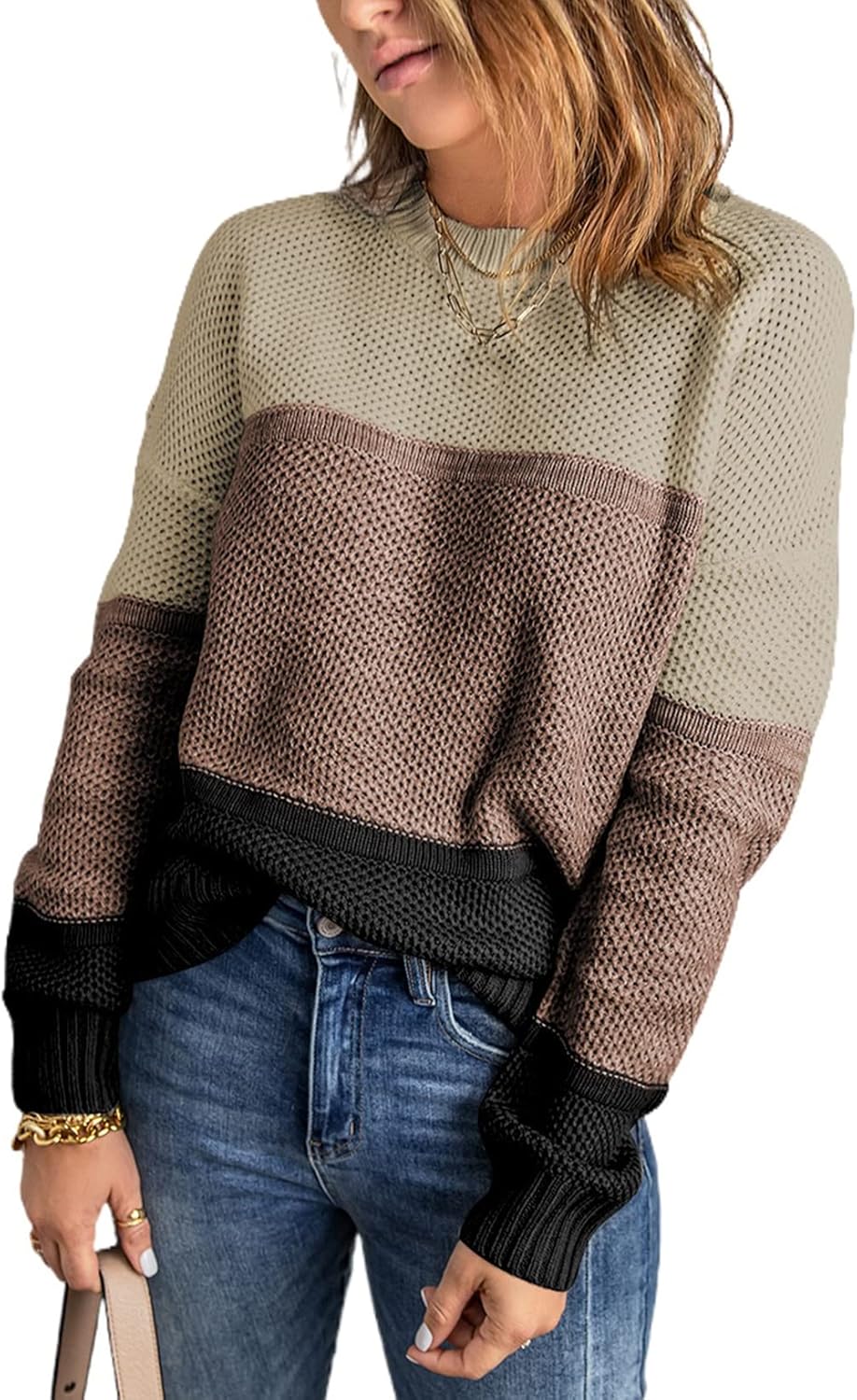 Dokotoo Womens Color Block Sweaters Long Sleeve Crewneck Pullover Knit Jumper Tops