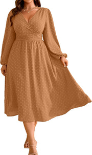 RWJ Women's Plus Size Fall Wedding Guest Dress Wrap V Neck Swiss Dot Lantern Long Sleeve Swing Boho Casual Dresses