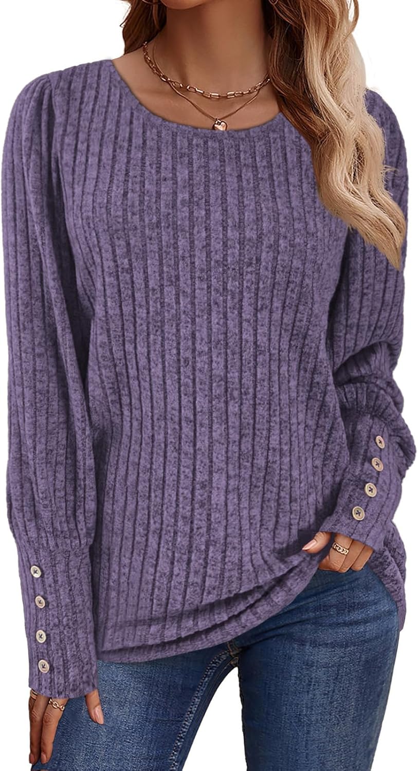 Lylinan Womens Ribbed Knit Long Sleeve Tops Casual Button Cuff Pullover Sweaters Blouses S-XXL