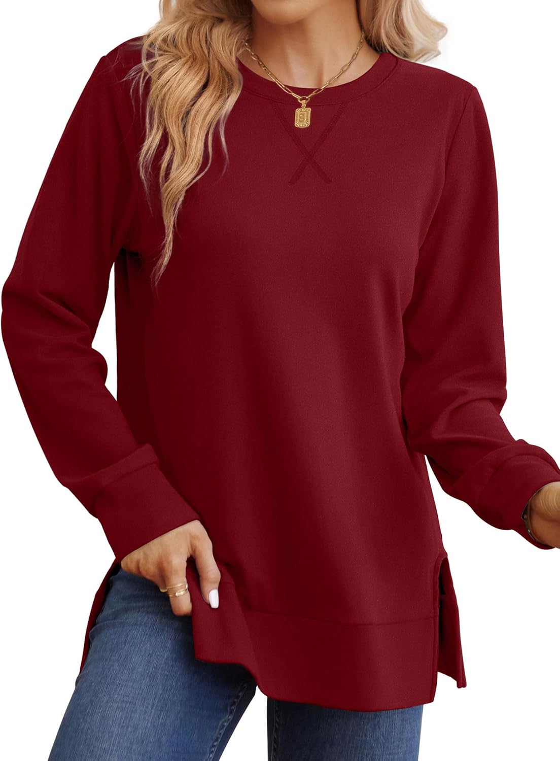 Saloogoe Sweatshirt for women Side Split Fall Fashion 2025 Long Sleeve Shirts Trending Now