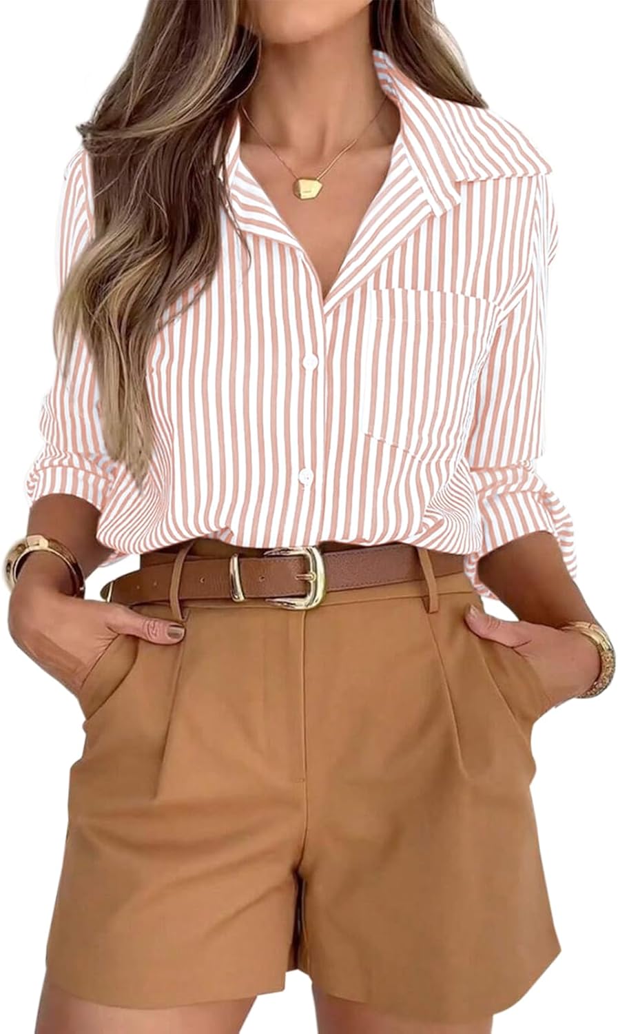 siliteelon Striped Button Down Shirts for Women Dress Shirts Long Sleeve Casual Collared Office Work Shirt with Pocket