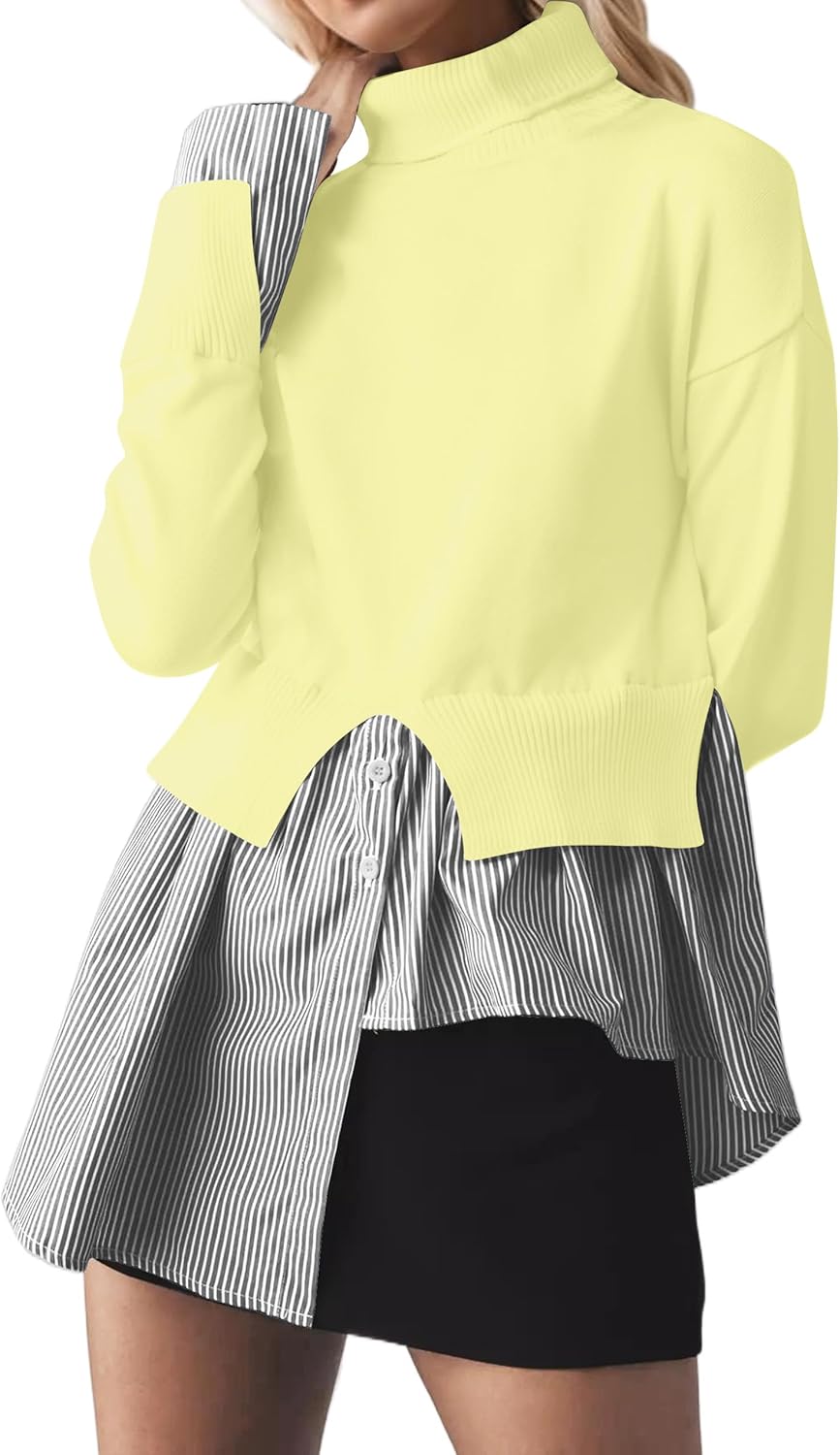 MISSACTIVER Women Slit Turtleneck Patchwork Sweater 2 in 1 Buttons Down Pullover Knit Sweater Asymmetrical Hem Shirt Top