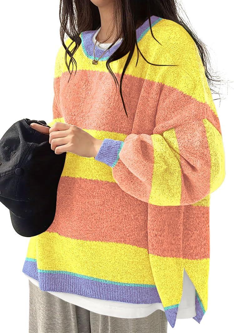 Women's Oversized Crewneck Sweaters Batwing Long Sleeve Side Slit Ribbed Knit Pullover Sweater Tops