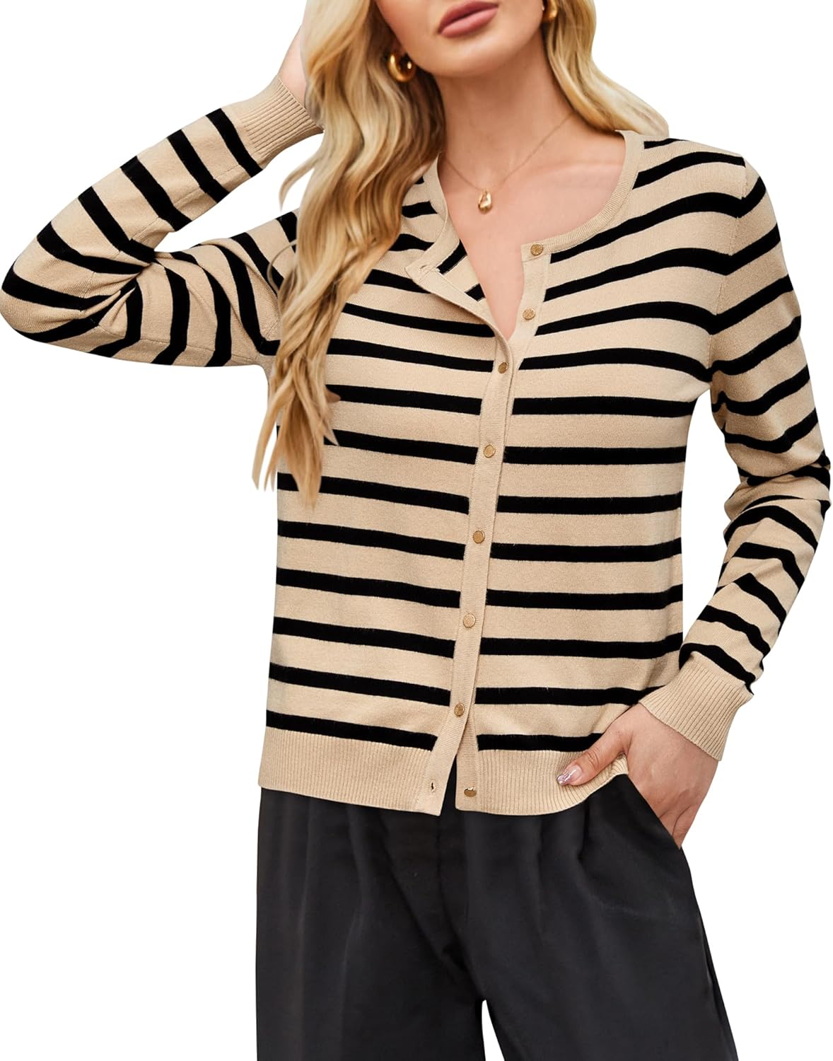 Newshows Women's Lightweight Button Down Cardigan Long Sleeve Casual Crew Neck Soft Knit Cardigans Sweater Tops