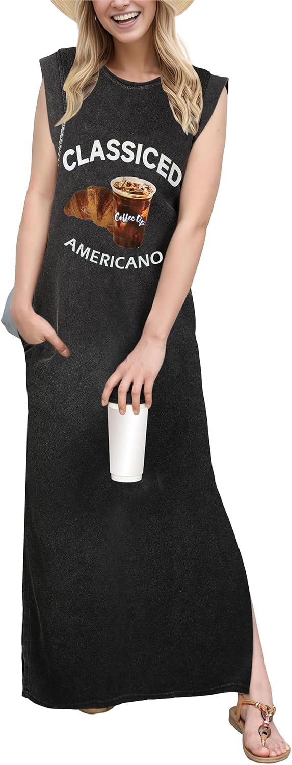 GRECERELLE 2025 Women Year-Round Casual Round Neck Loose Split Wrinkle-Free Long Maxi Vacation Dress with Pockets (XS-3XL)