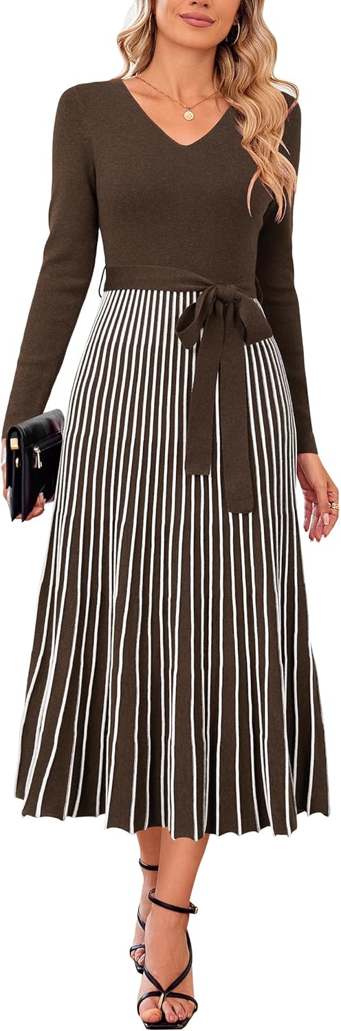 Arach&Cloz Women's Wool Blend Tie Waist Pleated Fall Sweater Dress 2025