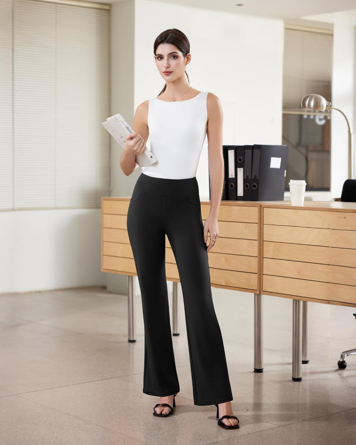 Womens Dress Pants Stretchy Work Pants Business Casual Office Trousers Pull On Flare Slacks with 4 Pockets
