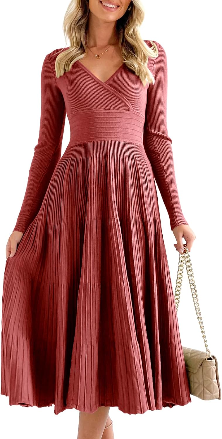 Saodimallsu Womens Long Sleeve Midi Sweater Dress Wrap V Neck Pleated A Line Fit Flare Elegant Knit Maxi Dress