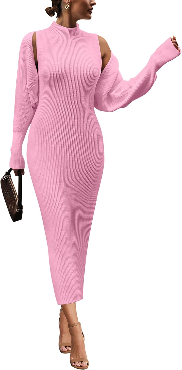 PRETTYGARDEN Women's Fall 2 Piece Outfits Knit Long Sleeve Cropped Cardigan Pullover Sweater Maxi Dress Sets Winter Clothing