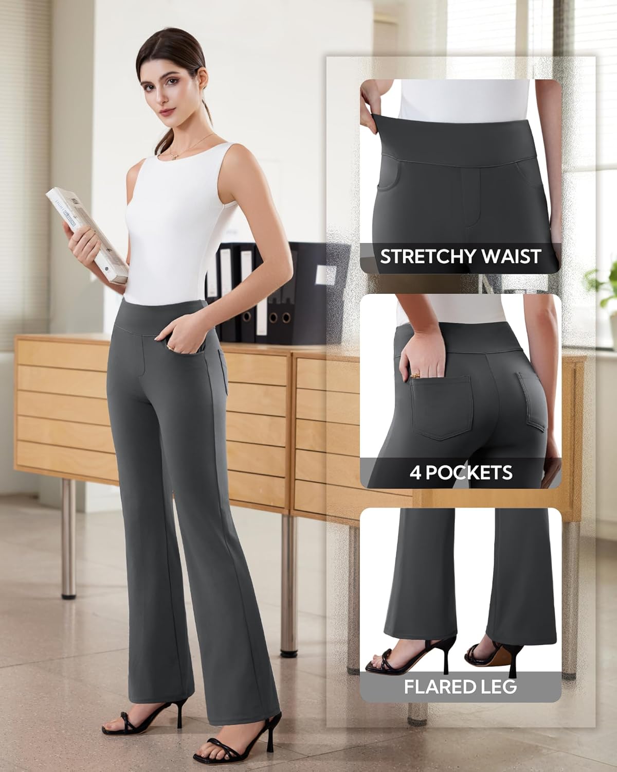 Womens Dress Pants Stretchy Work Pants Business Casual Office Trousers Pull On Flare Slacks with 4 Pockets