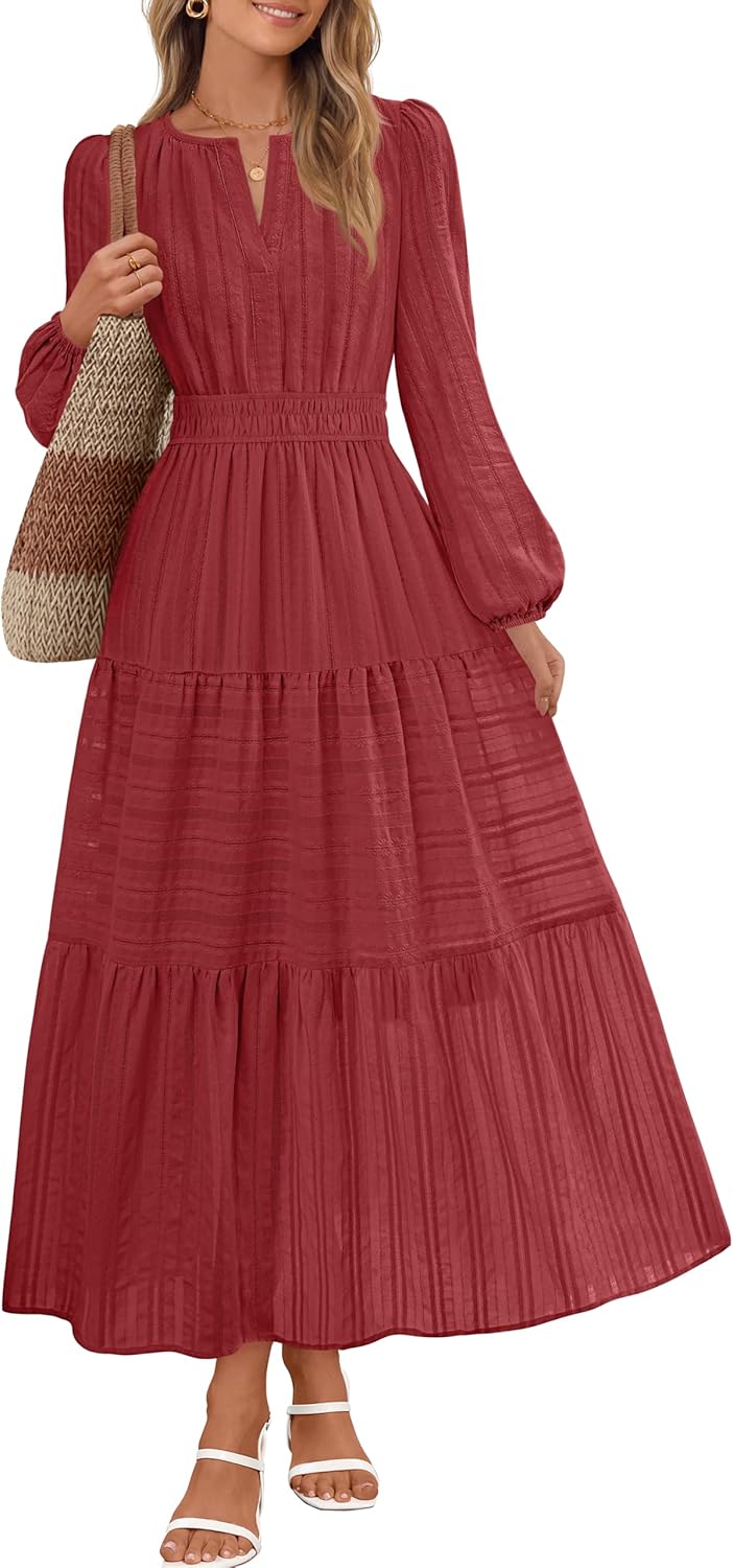 MEROKEETY Fall Dresses for Women 2025 Winter Long Sleeve Casual V Neck Tiered Cotton Midi Maxi Dress Pockets