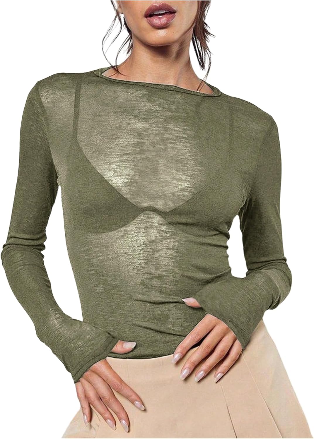 Women's Sheer Mesh Long Sleeve T Shirts Boat Neck Slim Fit Tee Tops Going Out See Through Shirts
