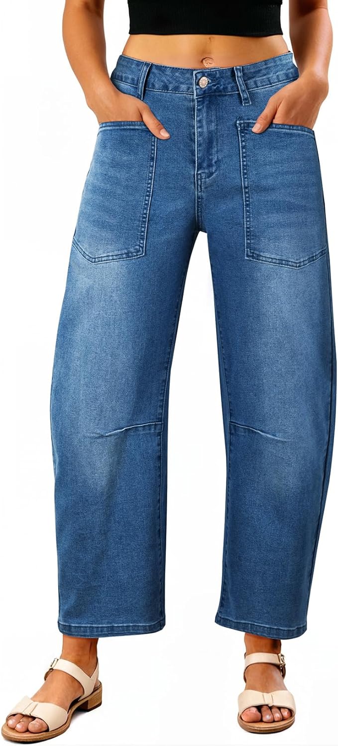 EVALESS Womens Baggy Barrel Jeans High Waisted Wide Leg Boyfriend Denim Ankle Pants