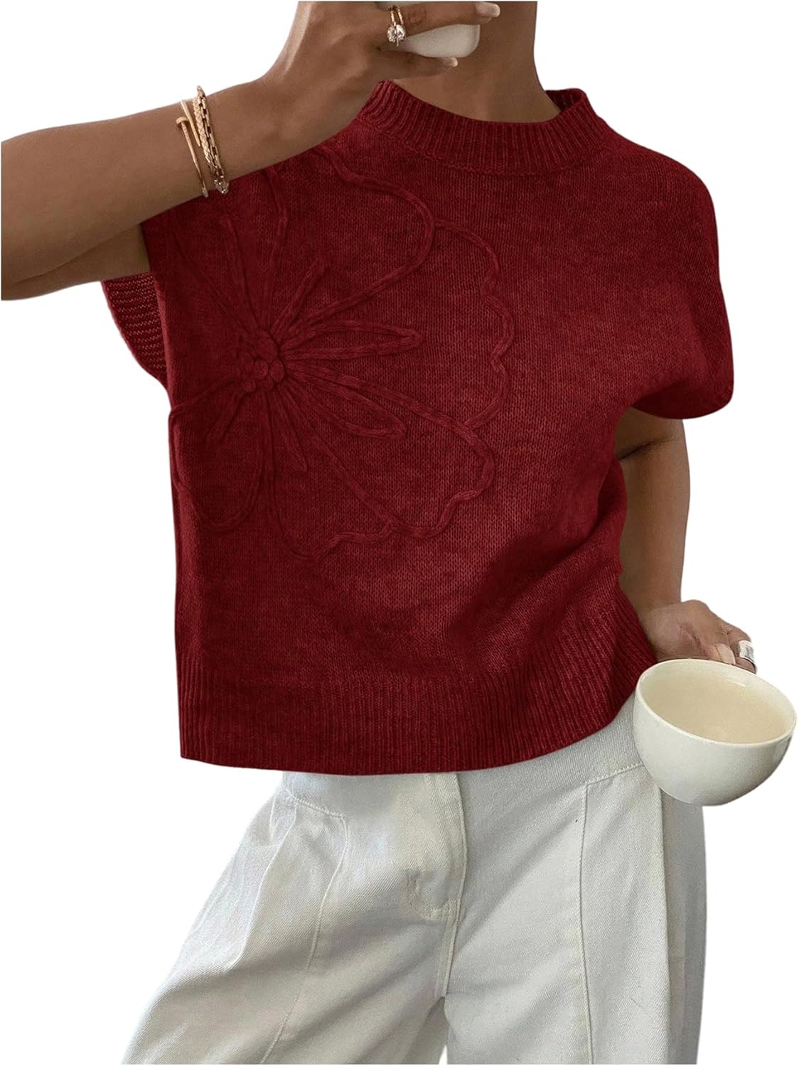 SOLY HUX Women's Ribbed Sweater Crew Neck Short Sleeve Loose Fit Floral Knit Pullover Tops