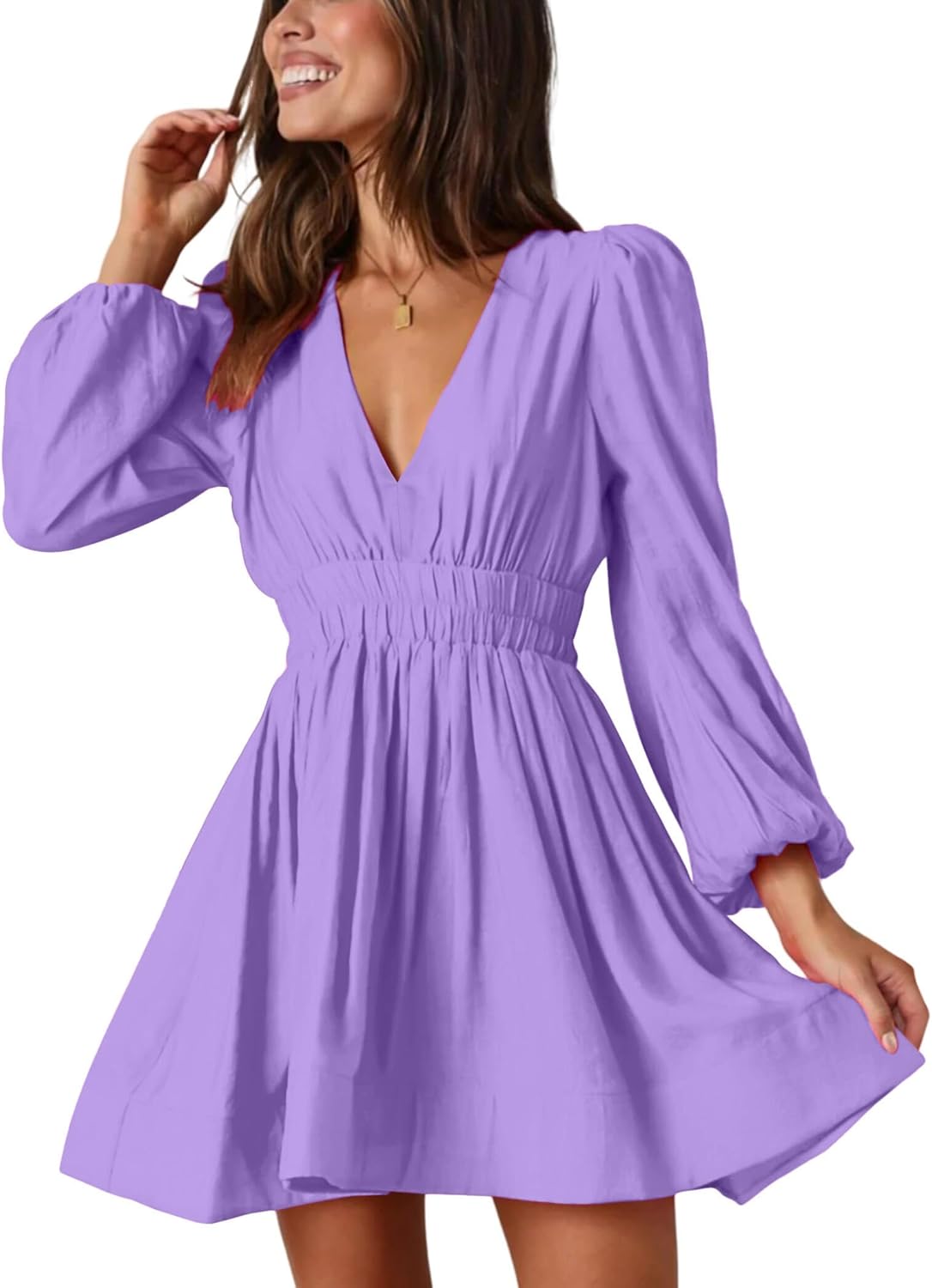 FAIABLE Mini Deep V Sexy Long Sleeve Dress for Women A-line High Waisted Casual Flowy Dress for Cocktail Wedding Guest