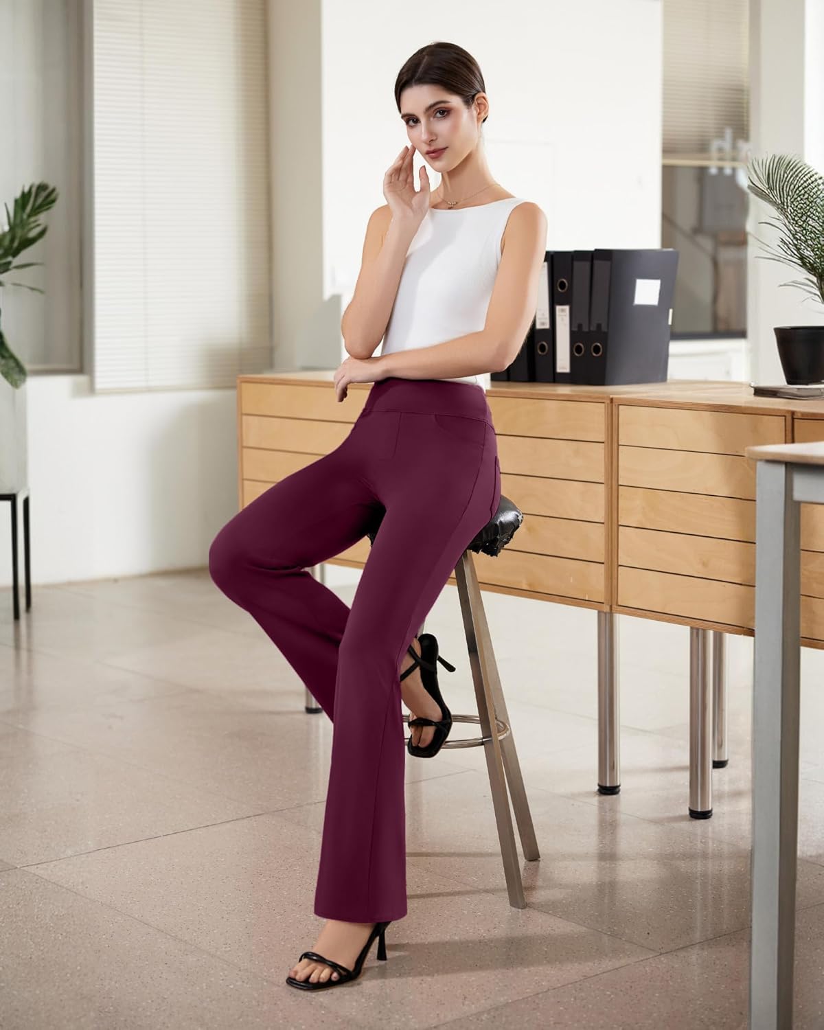 Womens Dress Pants Stretchy Work Pants Business Casual Office Trousers Pull On Flare Slacks with 4 Pockets