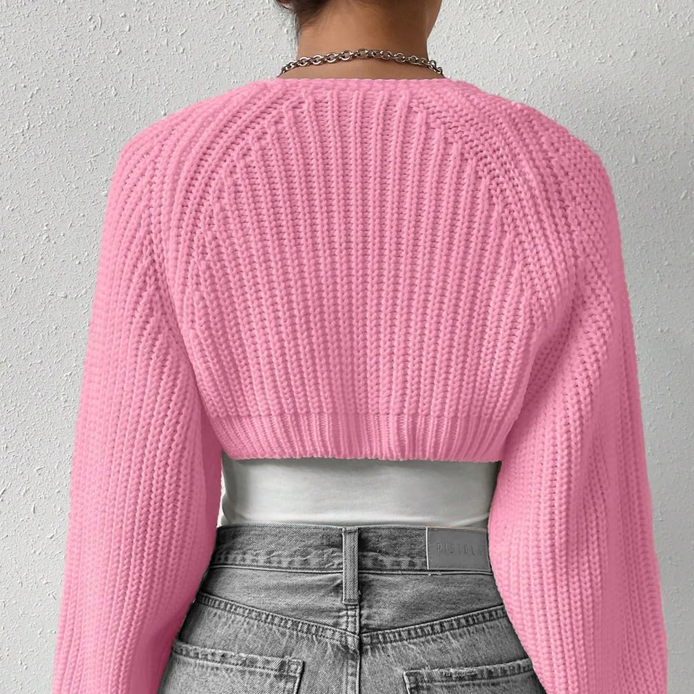 Women Open Front Ribbed Knit Crop Bolero Drop Shoulder Long Sleeve Solid Loose Fit Knitted Crop Cardigan Shrug