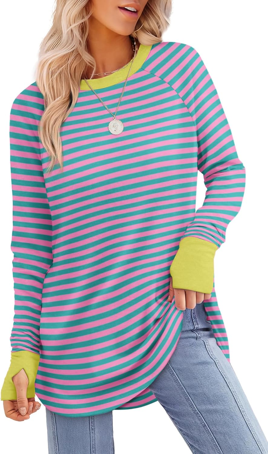 XIEERDUO Womens Tunic Tops to Wear with Leggings Long Sleeve Thumb Hole Shirts Crew Neck Curved Hem