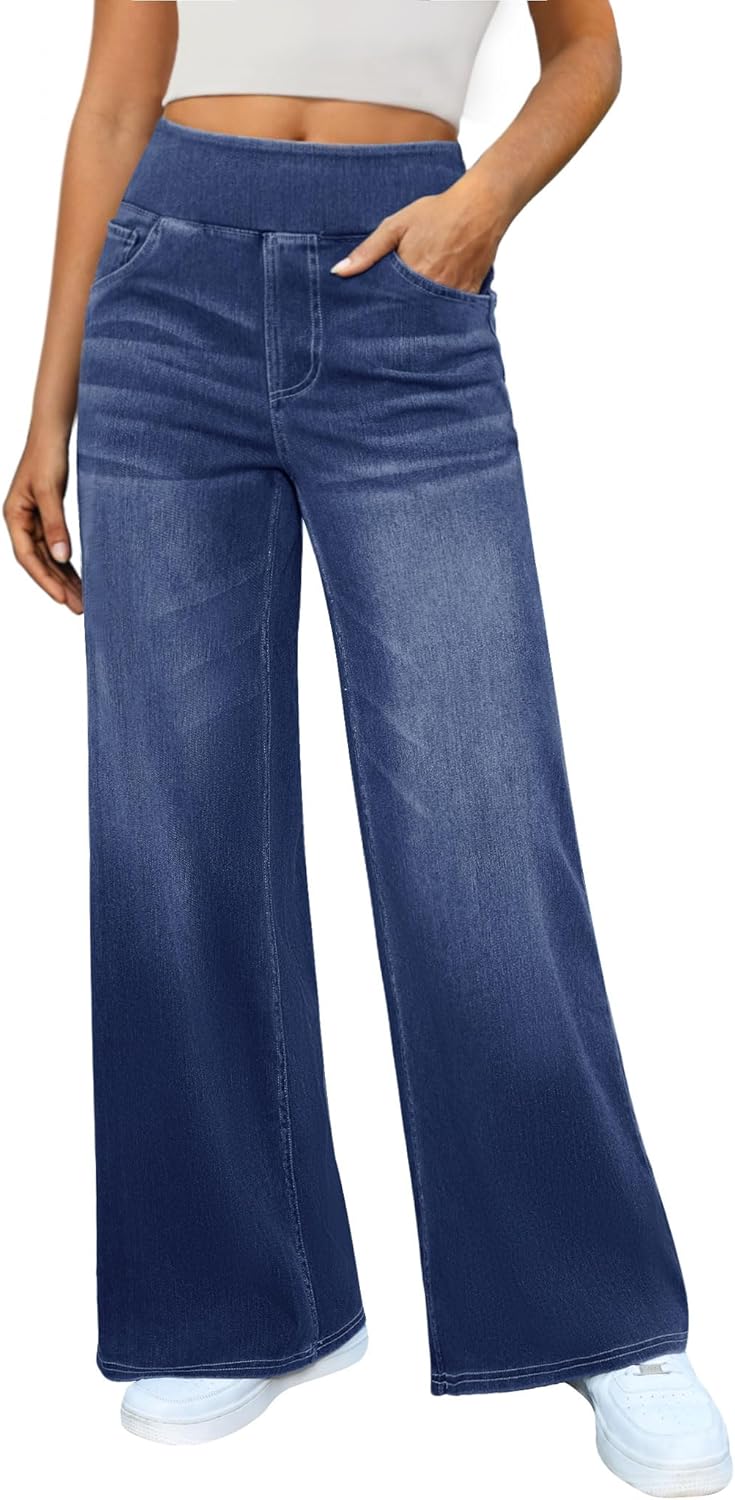 Women's Wide Leg Jeans High Waisted Stretchy Denim Pants Elastic Waist Pull On Sweatpant Jeans Trendy Baggy Loose