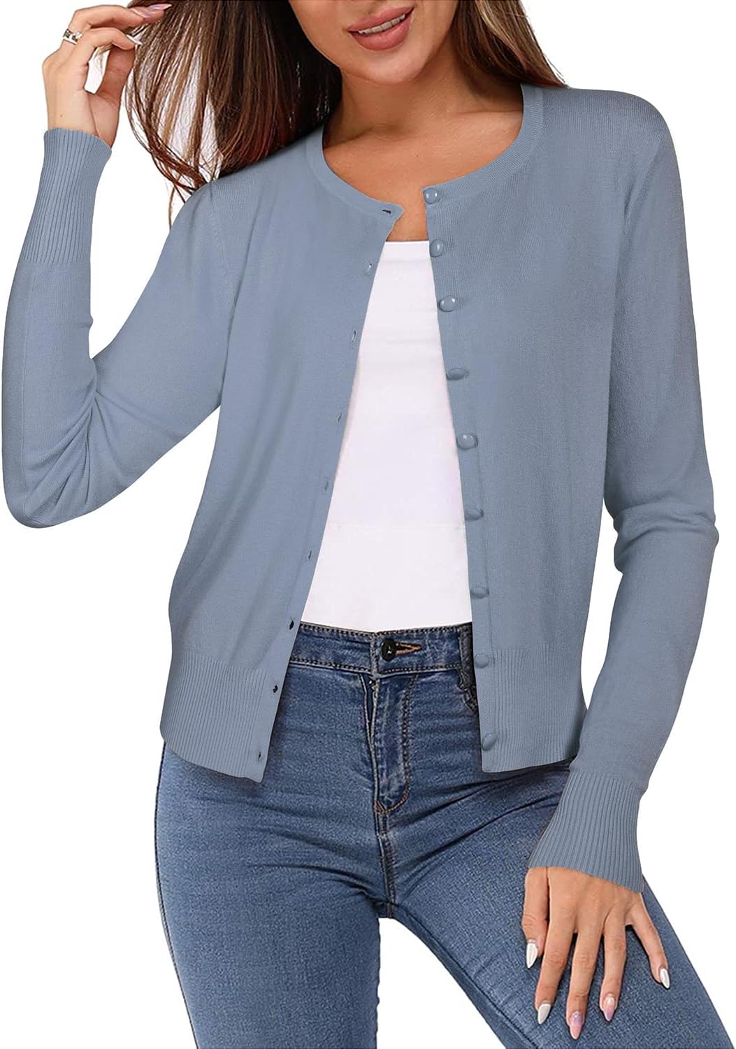Newshows Women's Lightweight Button Down Cardigan Long Sleeve Casual Crew Neck Soft Knit Cardigans Sweater Tops