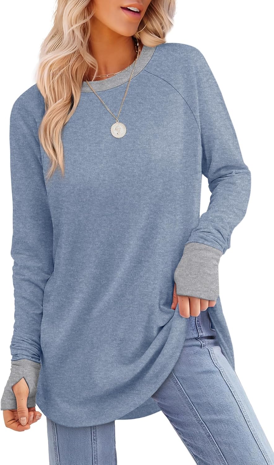 XIEERDUO Womens Tunic Tops to Wear with Leggings Long Sleeve Thumb Hole Shirts Crew Neck Curved Hem