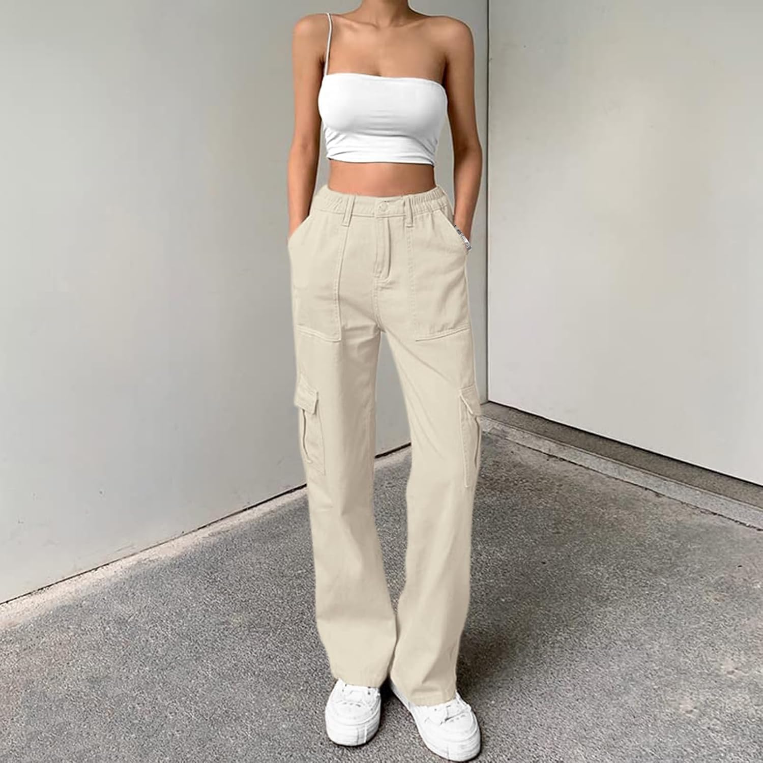 Lepunuo Cargo Pants for Women High Waisted Casual Pants Baggy Stretchy Wide Leg Y2K Streetwear with 6 Pockets
