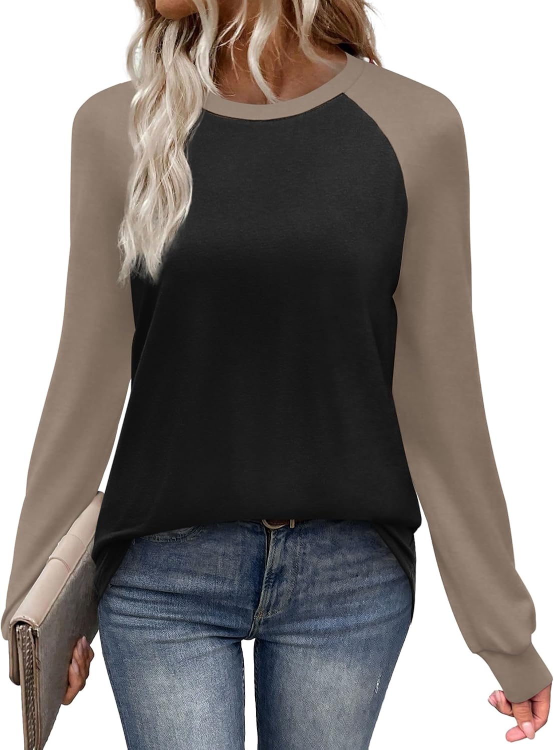 WIHOLL Long Sleeve Shirts for Women Color Block Raglan Tops Casual Crewneck Basic Tees Fall Clothes 2025 Fashion