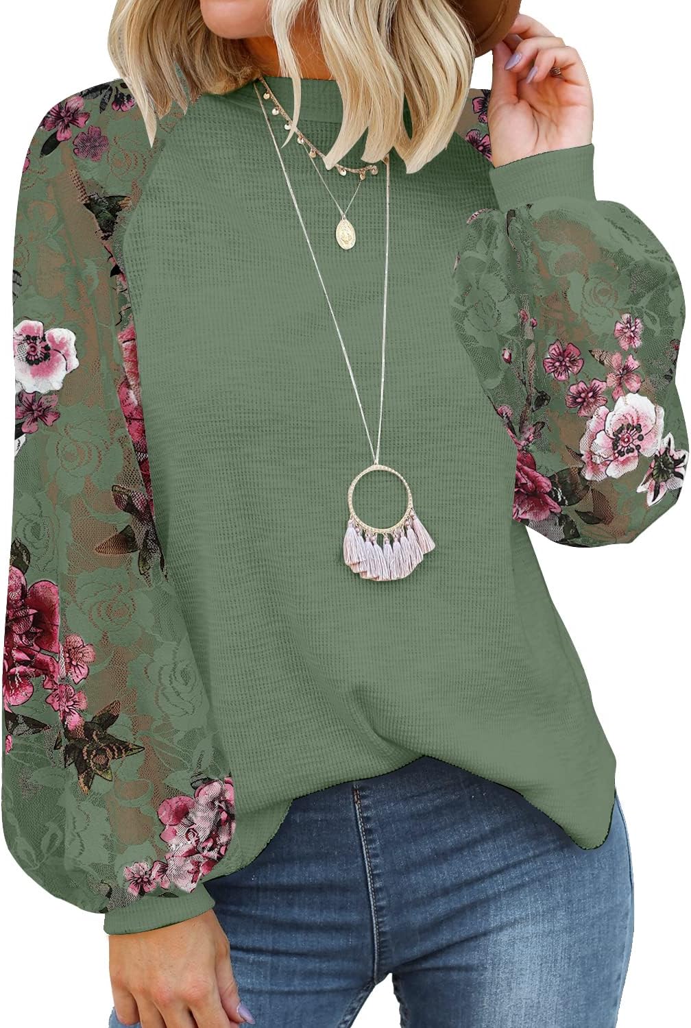 MIHOLL Women’s Long Sleeve Tops Lace Casual Loose Blouses T Shirts