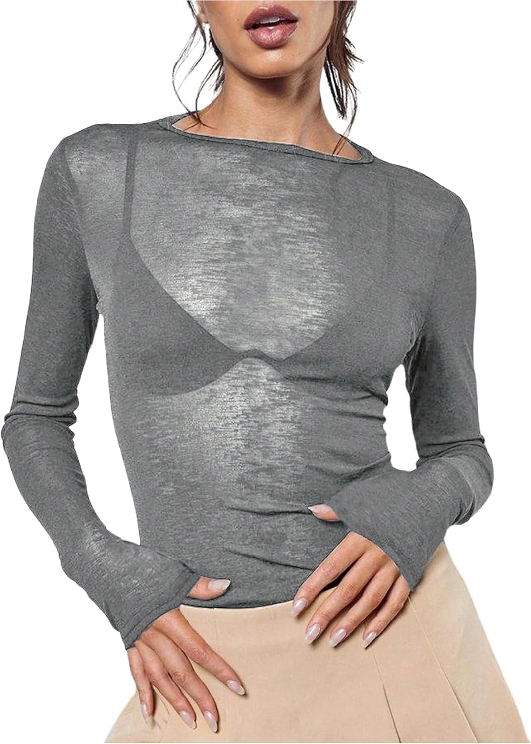 Women's Sheer Mesh Long Sleeve T Shirts Boat Neck Slim Fit Tee Tops Going Out See Through Shirts