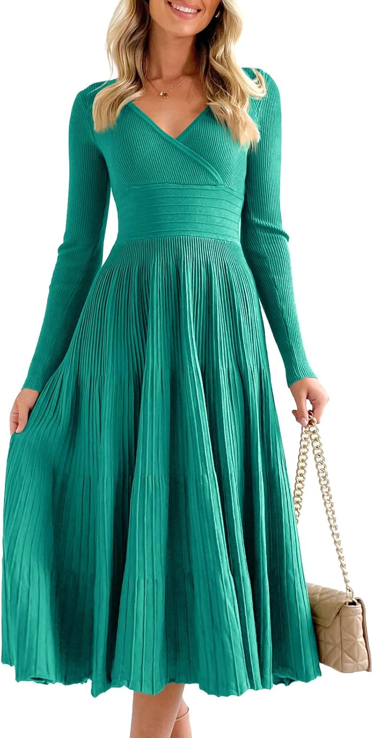 Saodimallsu Womens Long Sleeve Midi Sweater Dress Wrap V Neck Pleated A Line Fit Flare Elegant Knit Maxi Dress