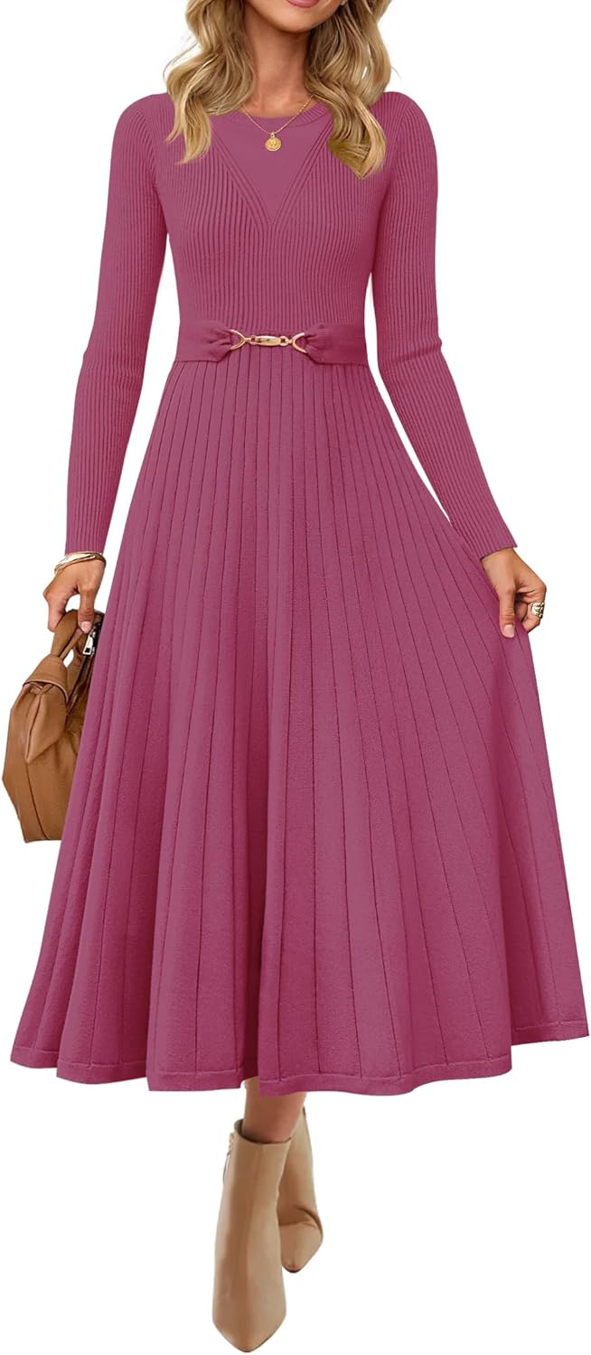 ZESICA Women's Long Sleeve Midi Sweater Dress 2025 Fall Crewneck Knit A Line Pleated Flowy Long Dresses with Belt