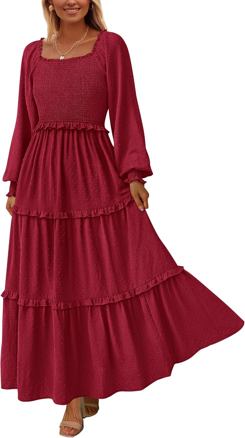 PRETTYGARDEN Fall Dresses for Women 2025 Long Sleeve Smocked Square Neck Swiss Dot Tiered Flowy Wedding Guest Maxi Dress