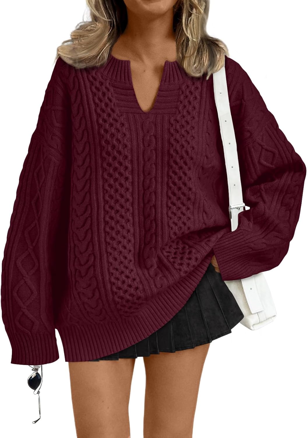 Trendy Queen V Neck Oversized Cable Knit Sweaters for Women Trendy 2025 Fall Fashion Outfits Clothes Winter Clothing