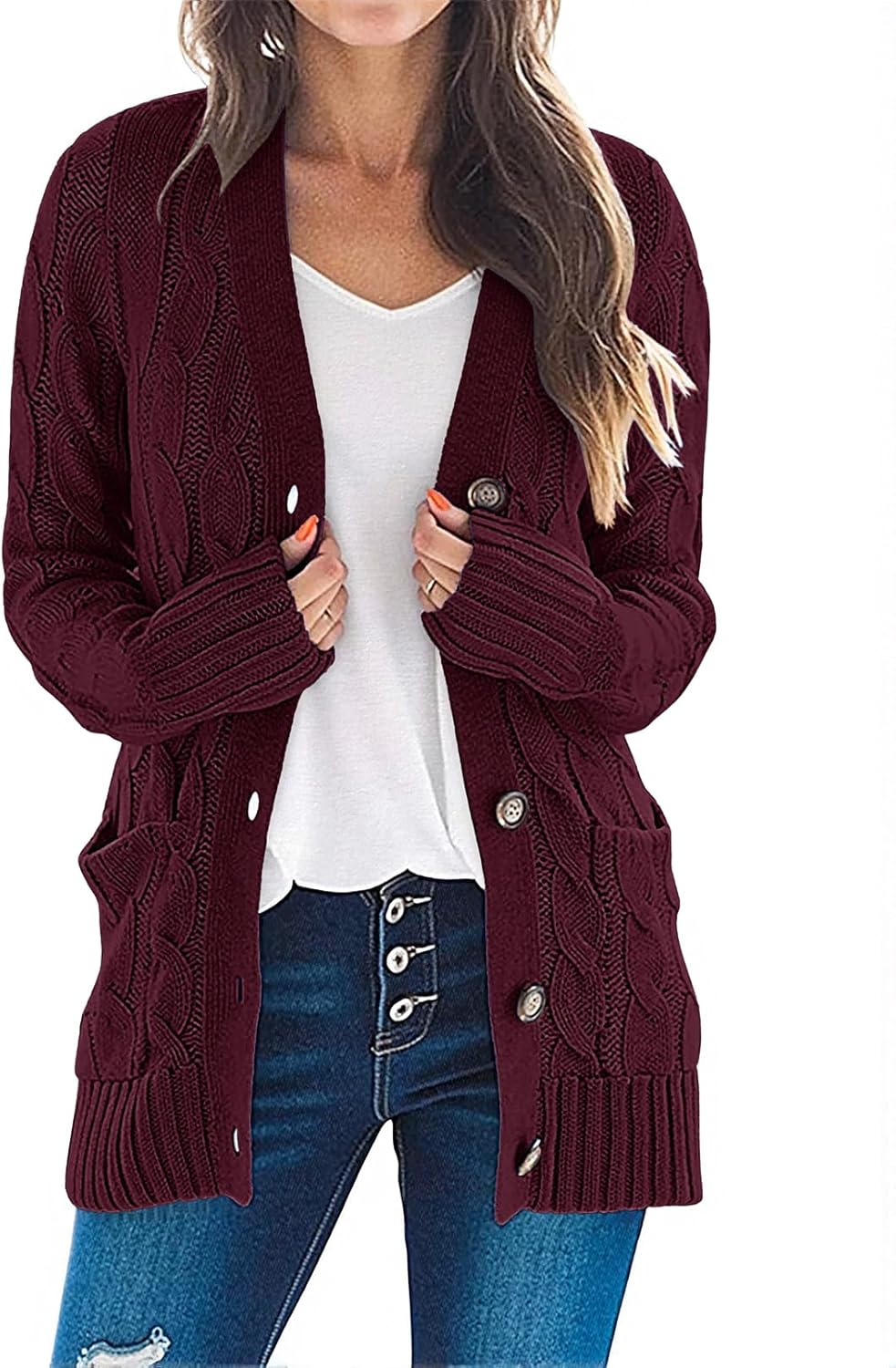 MEROKEETY Women's 2025 Fall Long Sleeve Cable Knit Sweater Open Front Cardigan Button Loose Outerwear