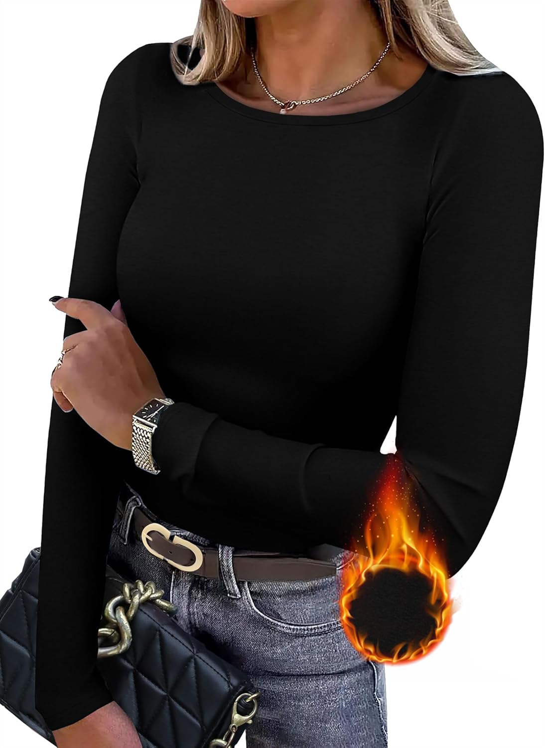 WIHOLL Long Sleeve Thermal Shirt for Women Light Fleece Tops Fall 2025 Crew Neck Casual Basic T-Shirts