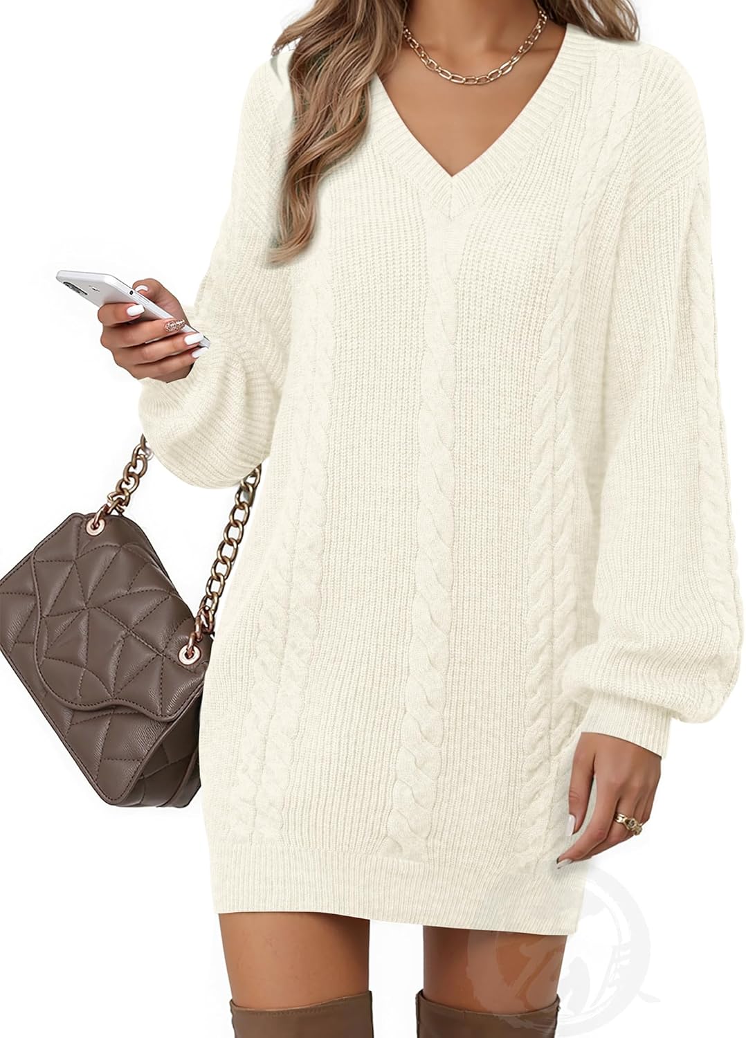 Women's Pullovers Jumper Sweaters Lantern Sleeve Casual V Neck Fall Knit Mini Sweater Dresses