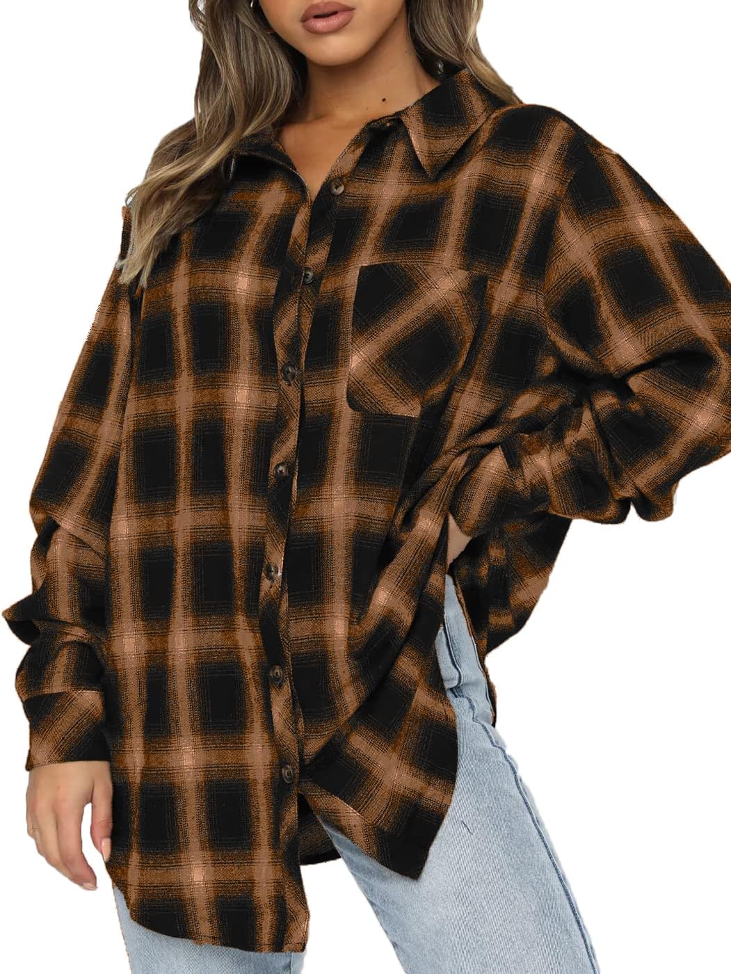 CHYRII Womens Button Down Flannel Shirts Long Sleeve Plaid Shackets Business Casual Blouse Top